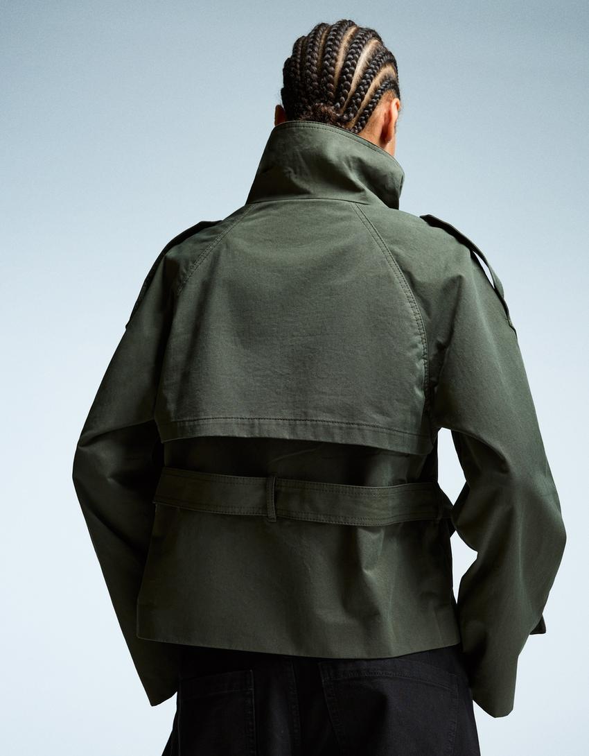 Women's short belted double-breasted trench jacket with stand collar