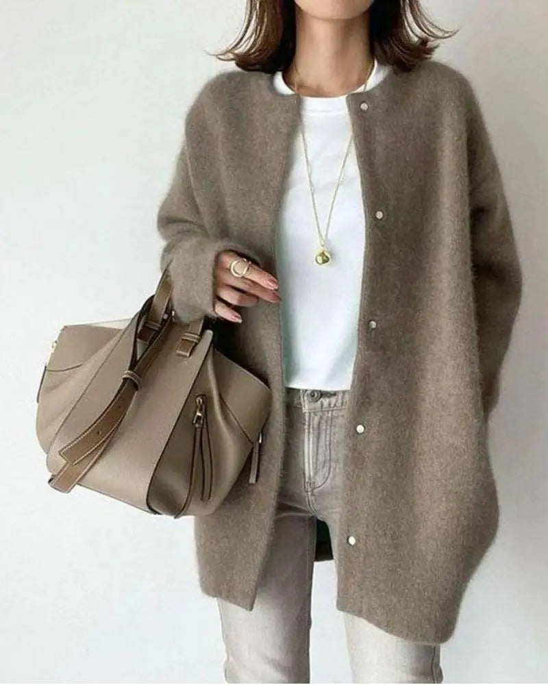 Women's longline button-front cardigan with round neck and long sleeves