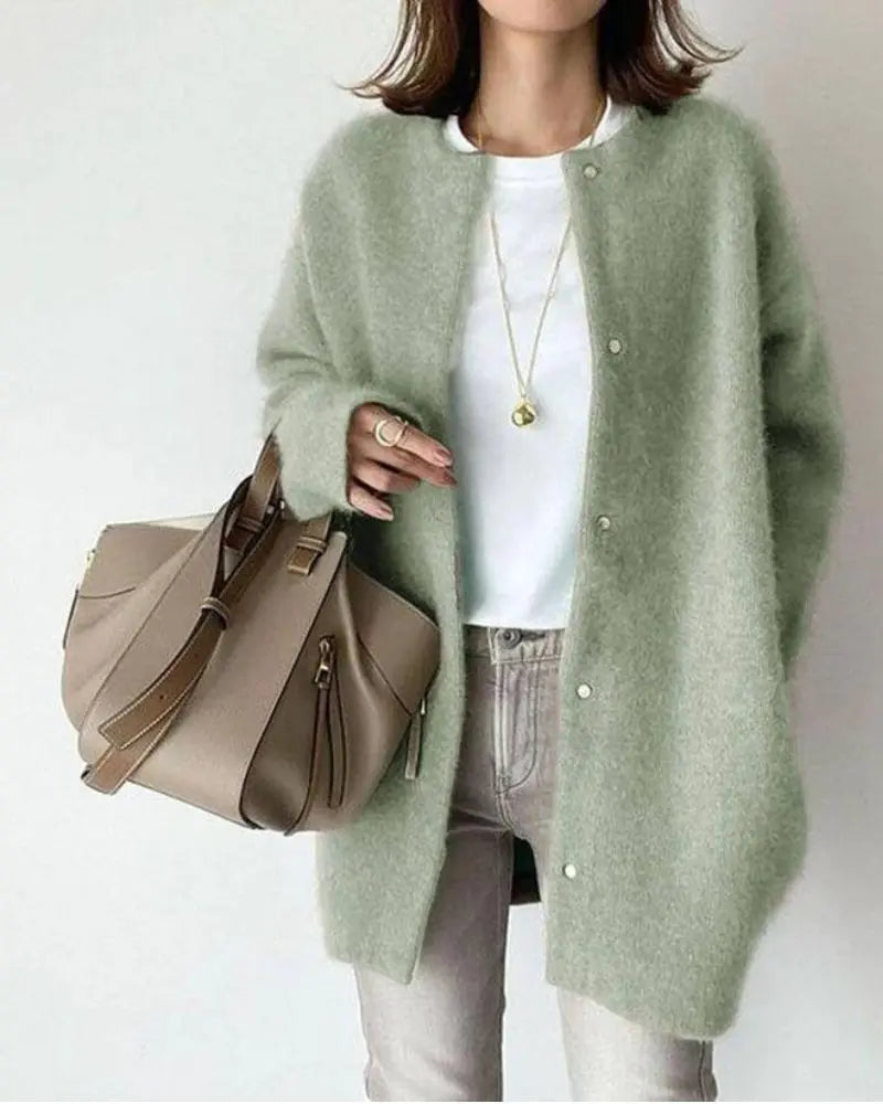 Women's longline button-front cardigan with round neck and long sleeves