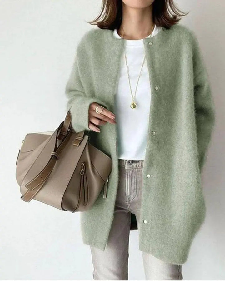 Women's longline button-front cardigan with round neck and long sleeves