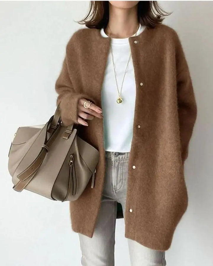 Women's longline button-front cardigan with round neck and long sleeves
