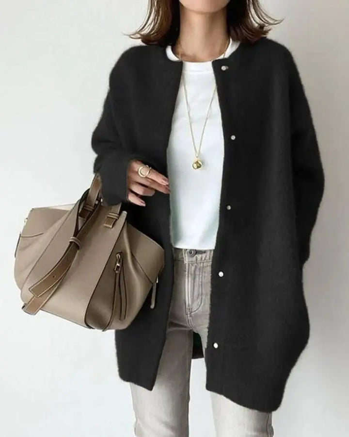 Women's longline button-front cardigan with round neck and long sleeves