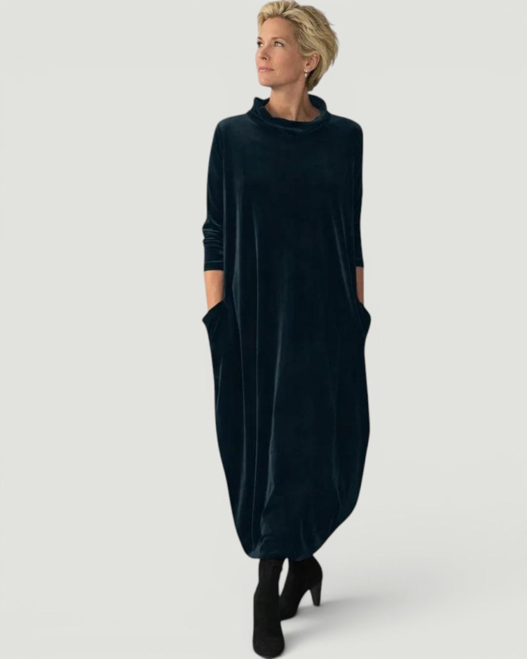 Women's velvet maxi dress with mock neckline, 3/4 sleeves and side pockets