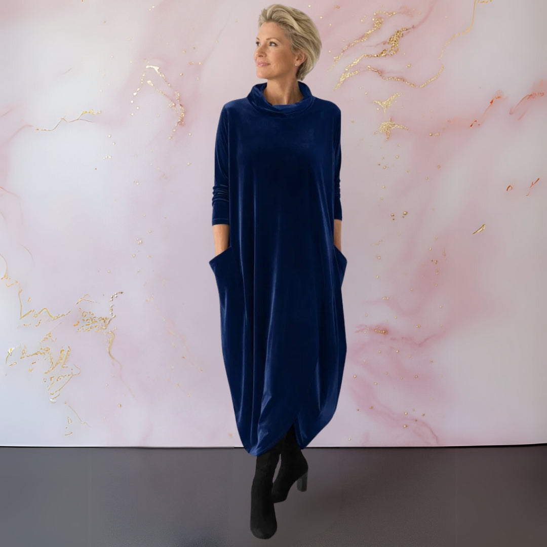Women's velvet maxi dress with mock neckline, 3/4 sleeves and side pockets