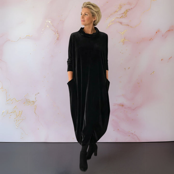 Women's velvet maxi dress with mock neckline, 3/4 sleeves and side pockets