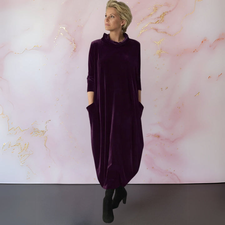 Women's velvet maxi dress with mock neckline, 3/4 sleeves and side pockets