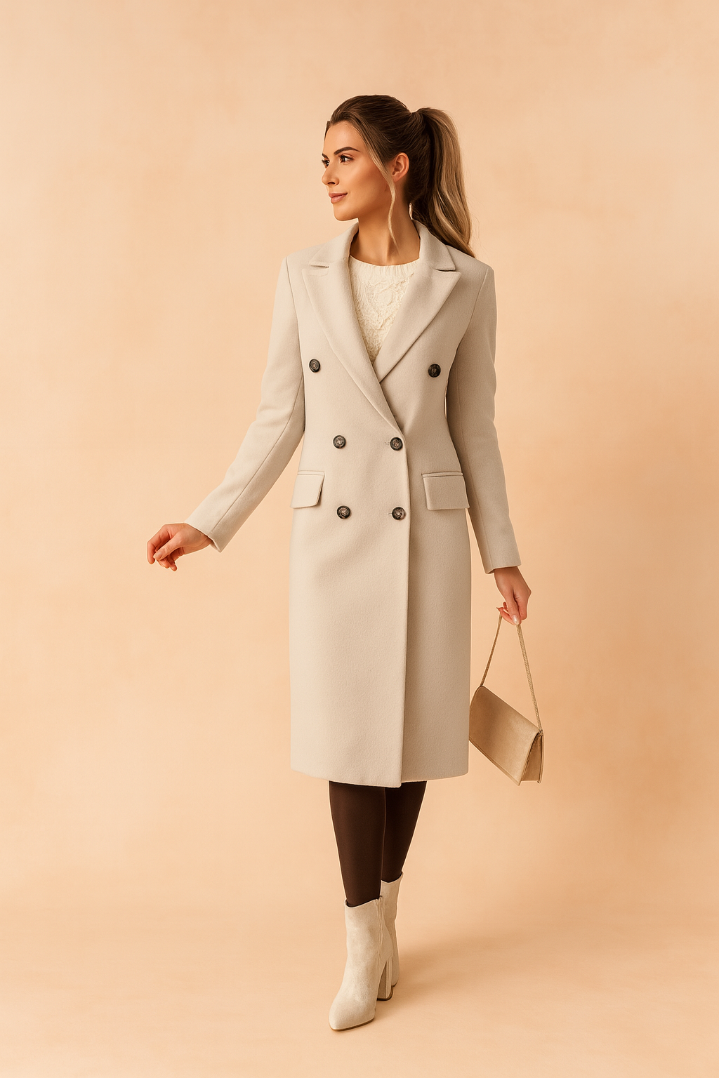 Women's double-breasted long coat with notched lapels and flap pockets