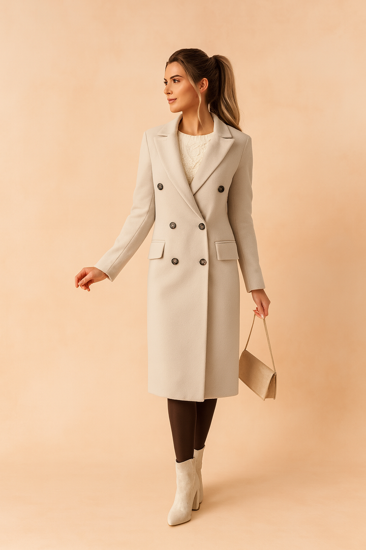 Women's double-breasted long coat with notched lapels and flap pockets