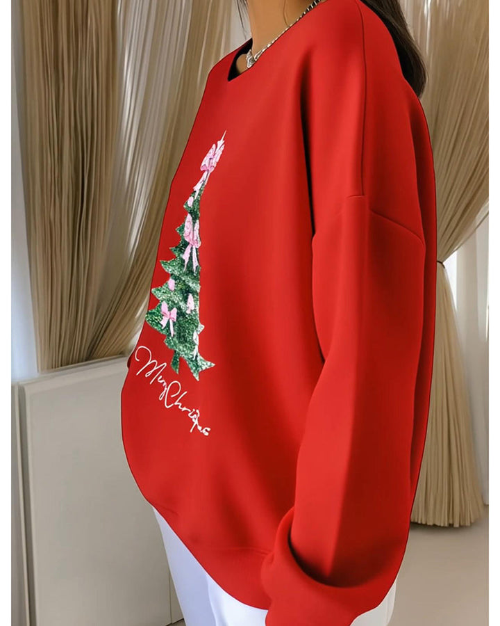 Women's long-sleeve Christmas sweatshirt with a Christmas tree and bow graphic
