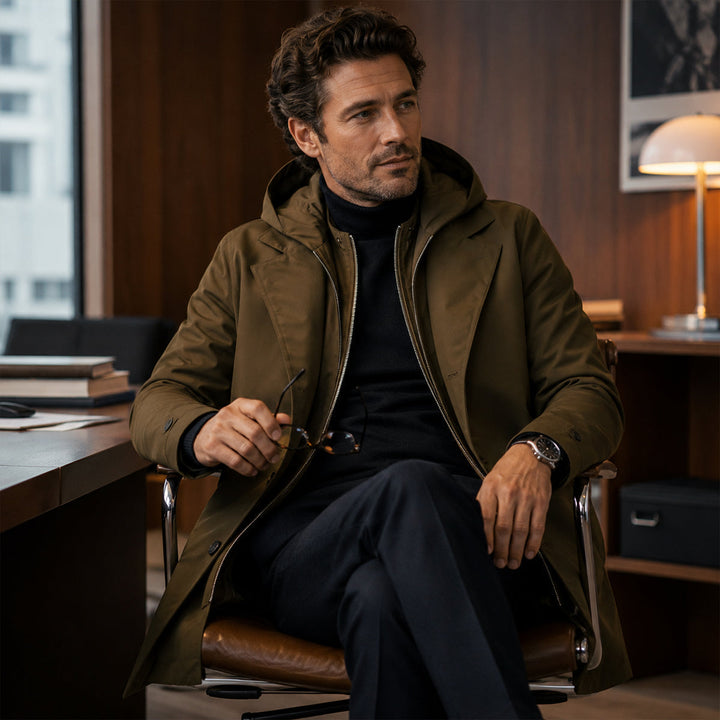 Men's long hooded parka coat with button front and side pockets