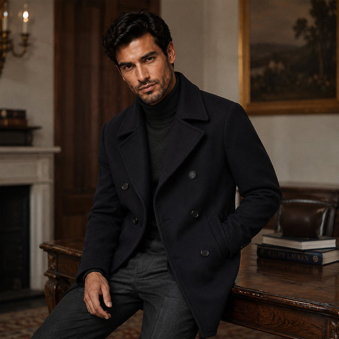 Men's black double-breasted peacoat with notched lapel and long sleeves