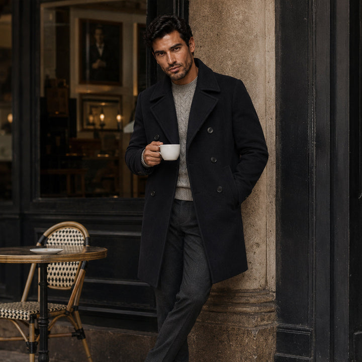 Men's black double-breasted peacoat with notched lapel and long sleeves