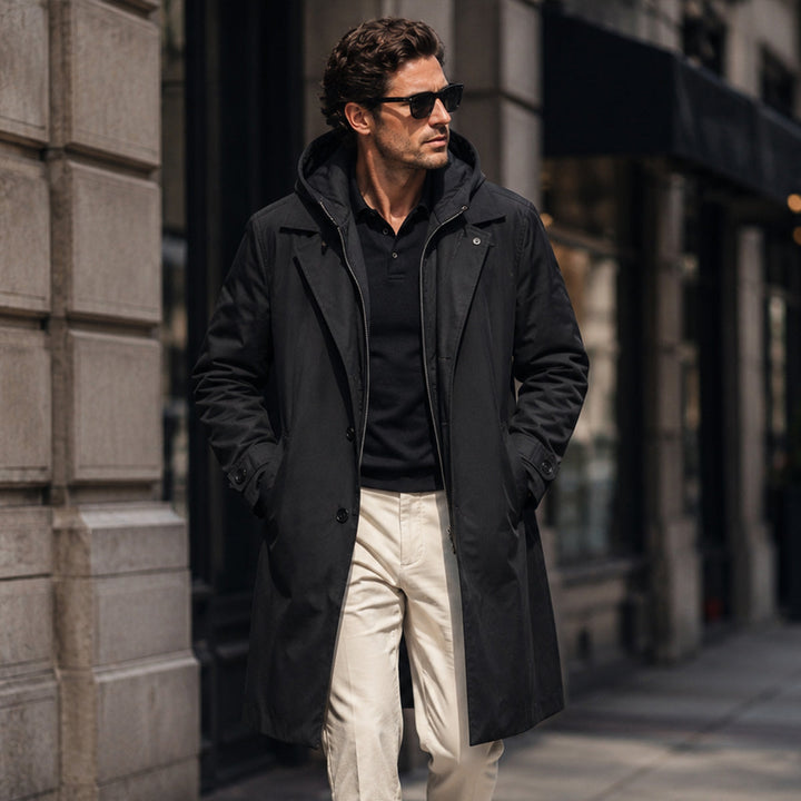 Men's long hooded parka coat with button front and side pockets