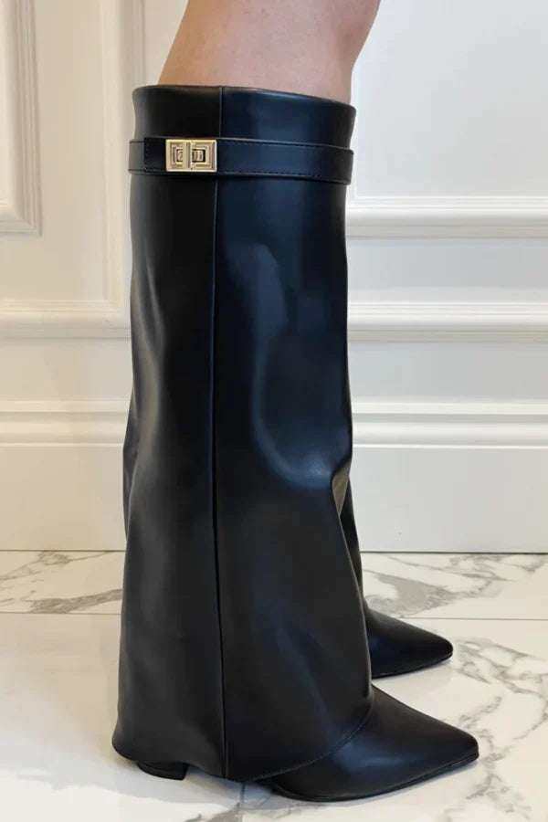 Women's knee high pointed toe boots with block heels and buckle straps