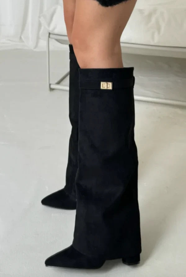 Women's knee high pointed toe boots with block heels and buckle straps