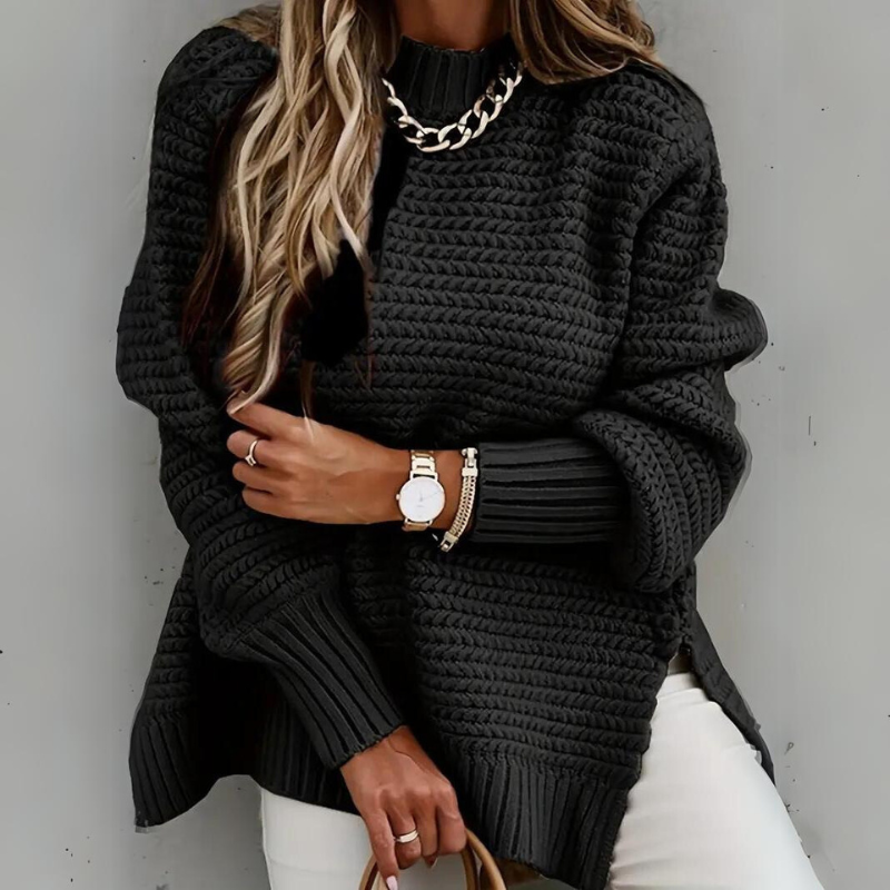 Women's textured mock neck jumper with long sleeves and ribbed trims