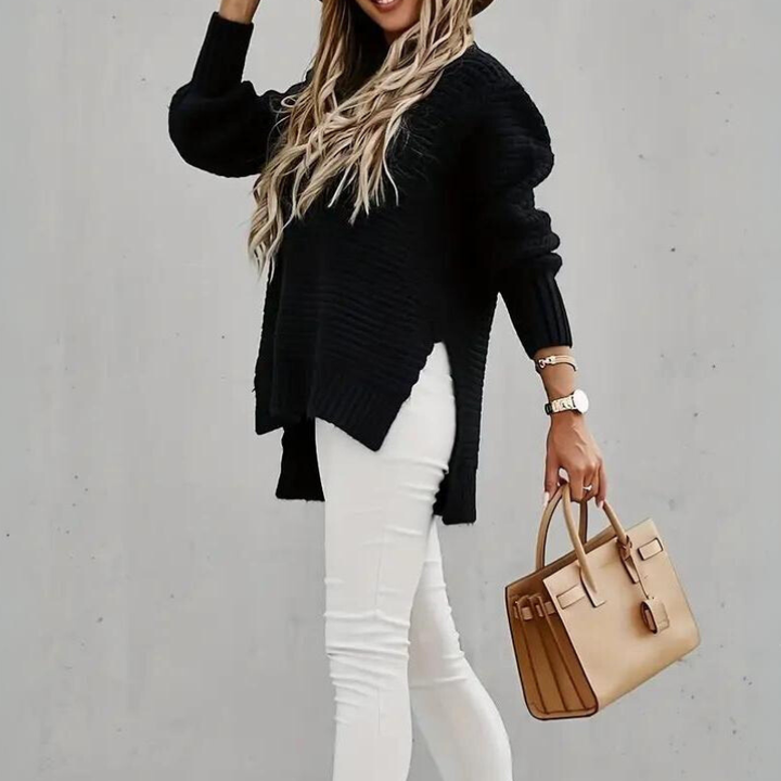Women's textured mock neck jumper with long sleeves and ribbed trims