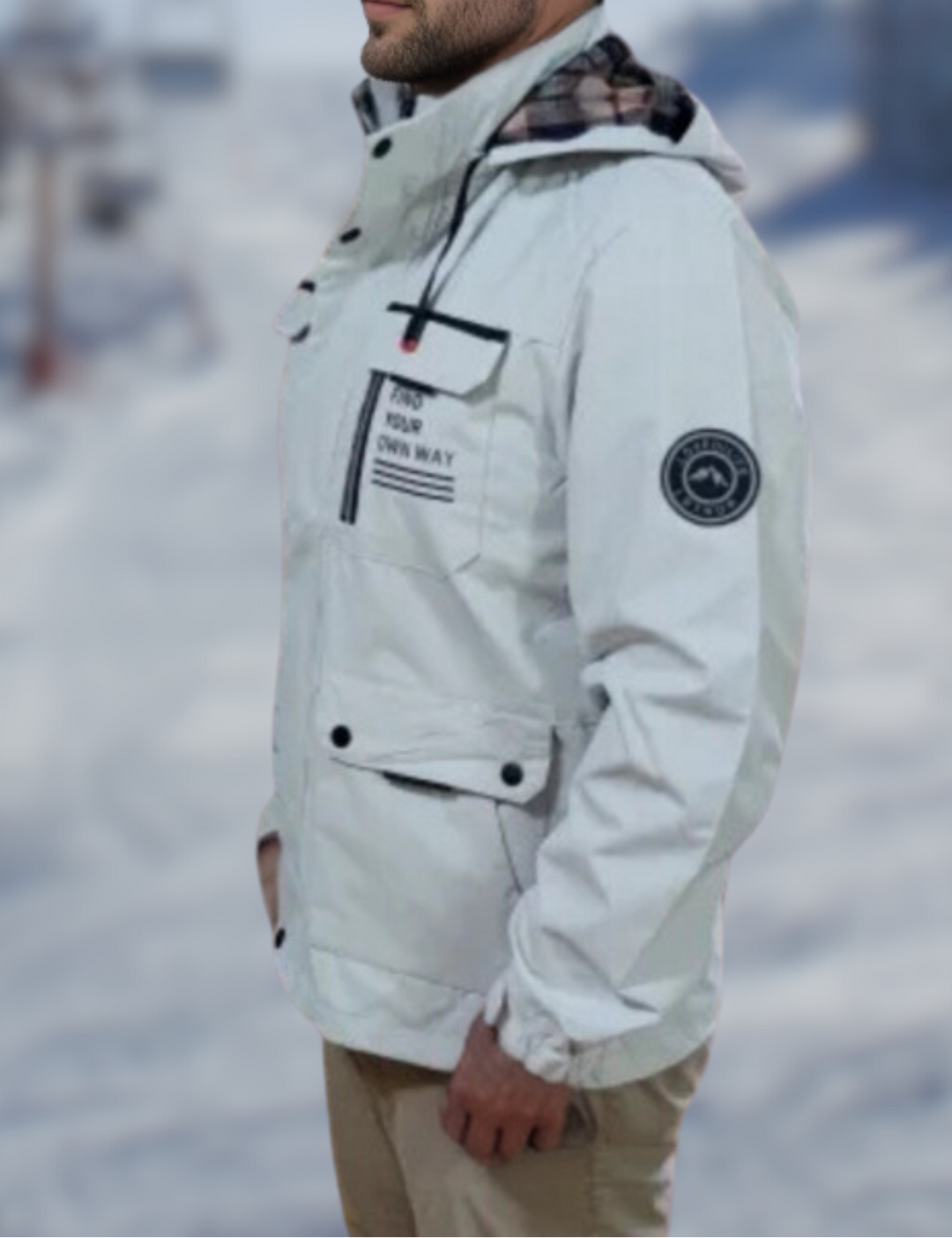 Men's white waterproof hooded jacket with chest pockets and snap buttons