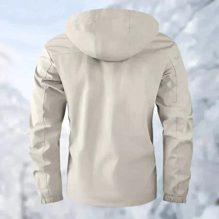 Men's white waterproof hooded jacket with chest pockets and snap buttons