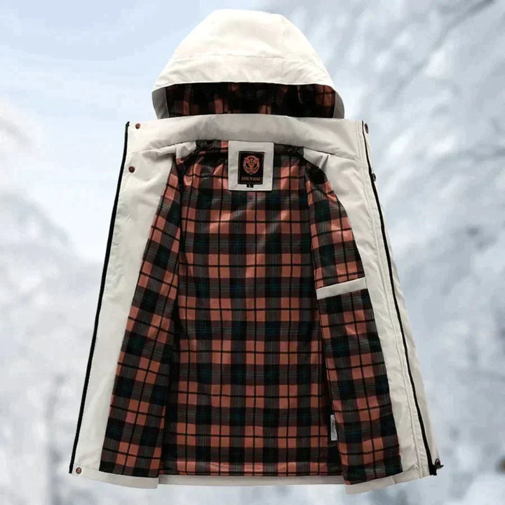 Men's white waterproof hooded jacket with chest pockets and snap buttons