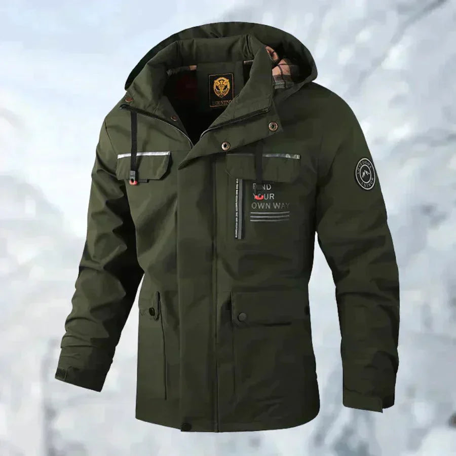 Men's white waterproof hooded jacket with chest pockets and snap buttons