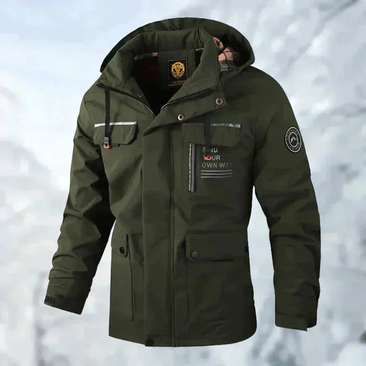 Men's white waterproof hooded jacket with chest pockets and snap buttons