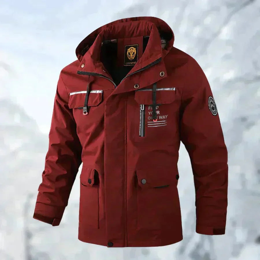 Men's white waterproof hooded jacket with chest pockets and snap buttons