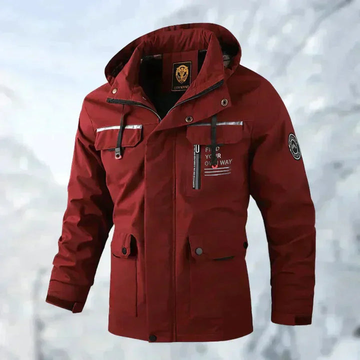 Men's white waterproof hooded jacket with chest pockets and snap buttons