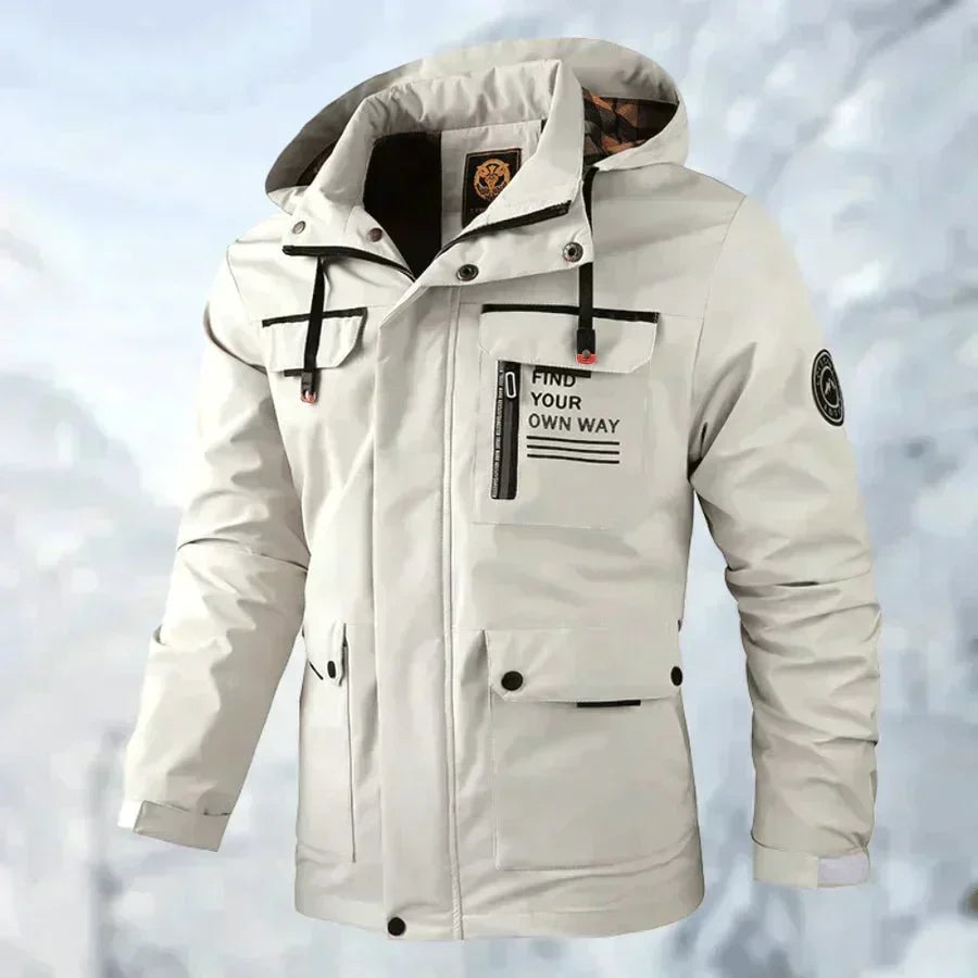 Men's white waterproof hooded jacket with chest pockets and snap buttons