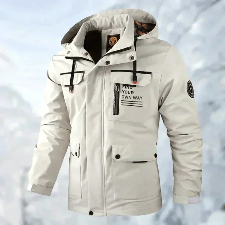 Men's white waterproof hooded jacket with chest pockets and snap buttons