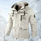 Men's white waterproof hooded jacket with chest pockets and snap buttons