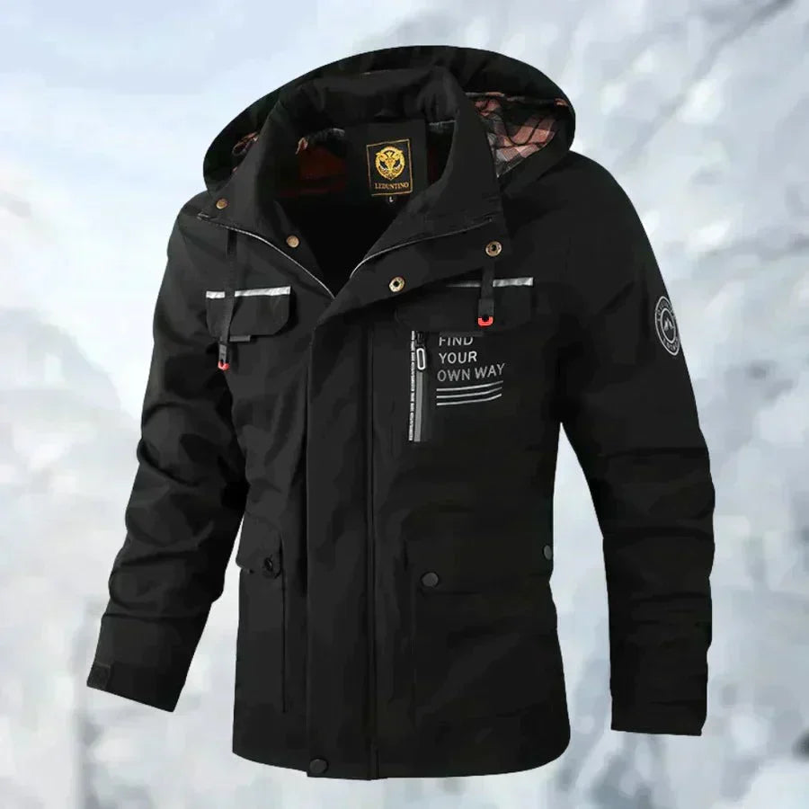 Men's white waterproof hooded jacket with chest pockets and snap buttons