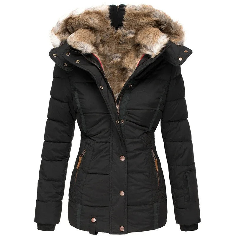 Women's hooded puffer jacket with fur trim