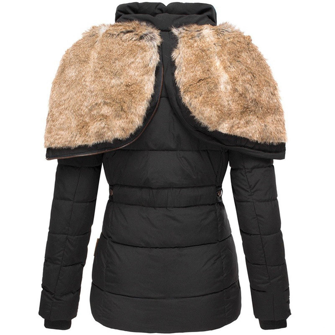 Women's hooded puffer jacket with fur trim