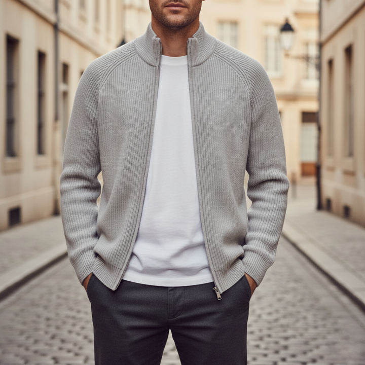 Men's ribbed cardigan with stand collar and full front zip