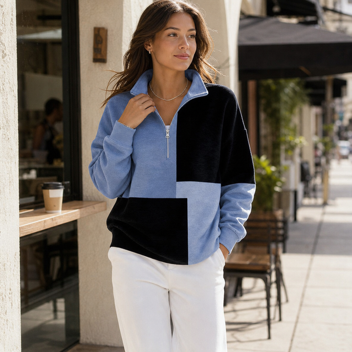Women's blue and black colourblock half-zip sweatshirt with stand collar and long sleeves