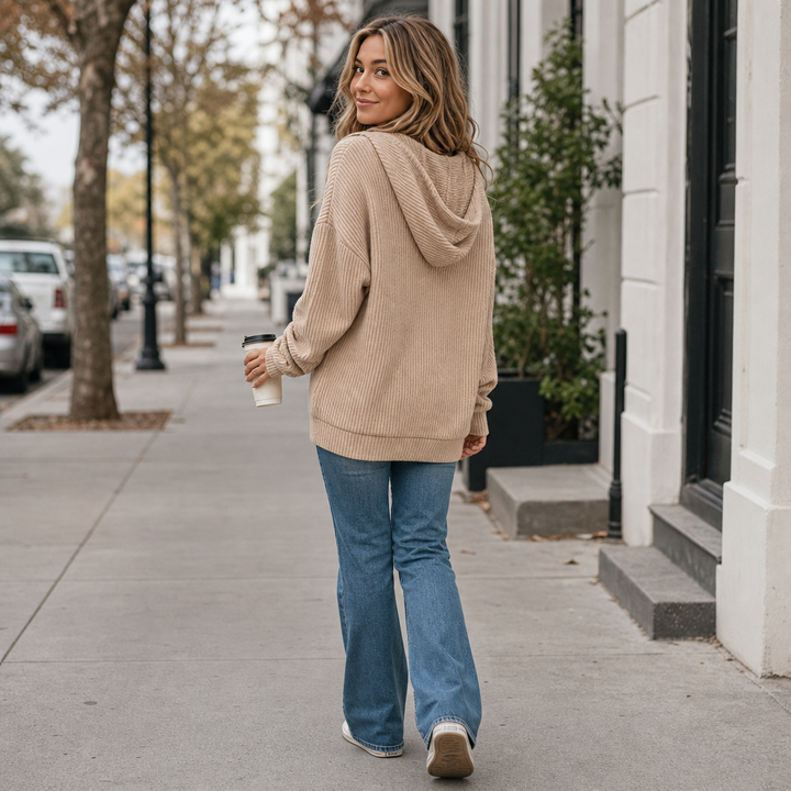 Women's ribbed knit hooded sweater with button placket and long sleeves