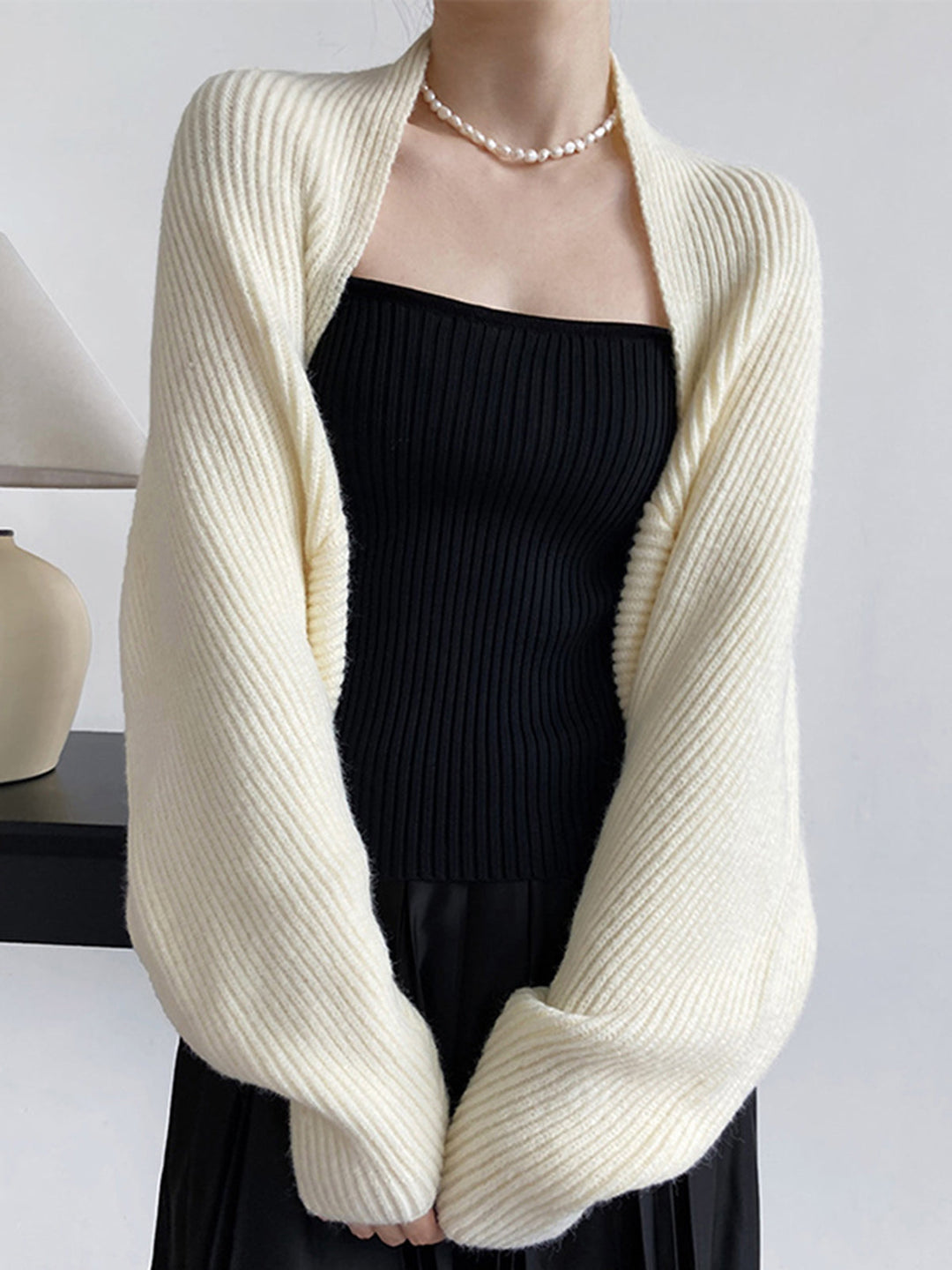 Women's ribbed knit open front bolero cardigan with long sleeves