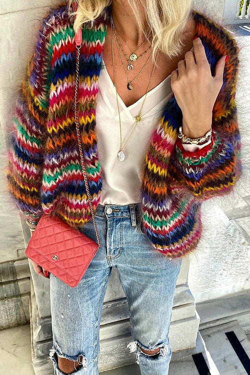Women's multicoloured striped knitted cardigan with long sleeves and open front