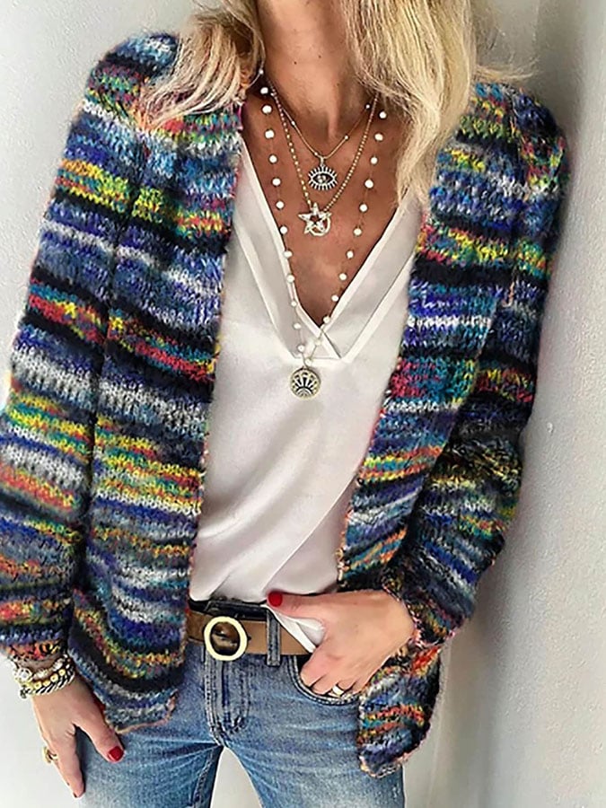Women's multicoloured striped knitted cardigan with long sleeves and open front