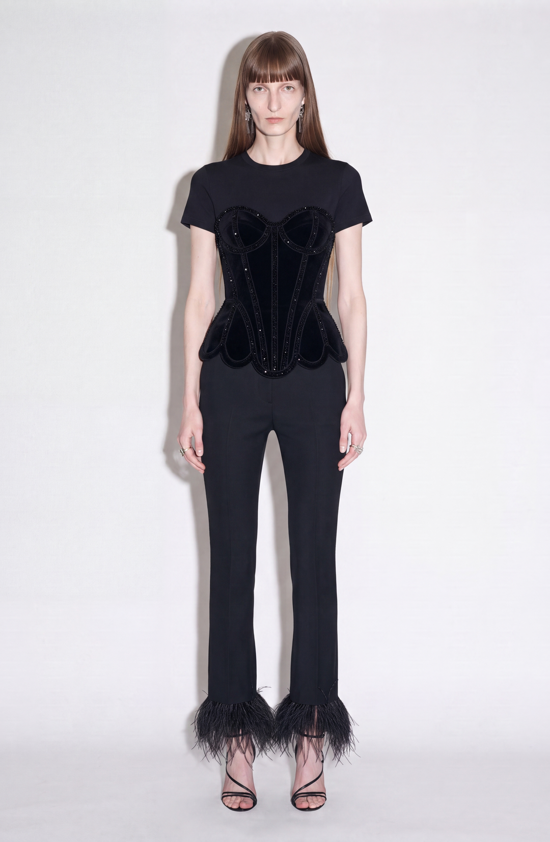Black short-sleeved T-shirt with a velvet corset-style front panel
