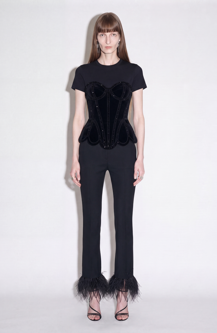 Black short-sleeved T-shirt with a velvet corset-style front panel