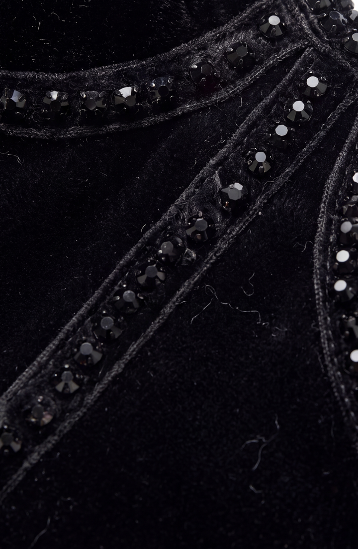 Black short-sleeved T-shirt with a velvet corset-style front panel