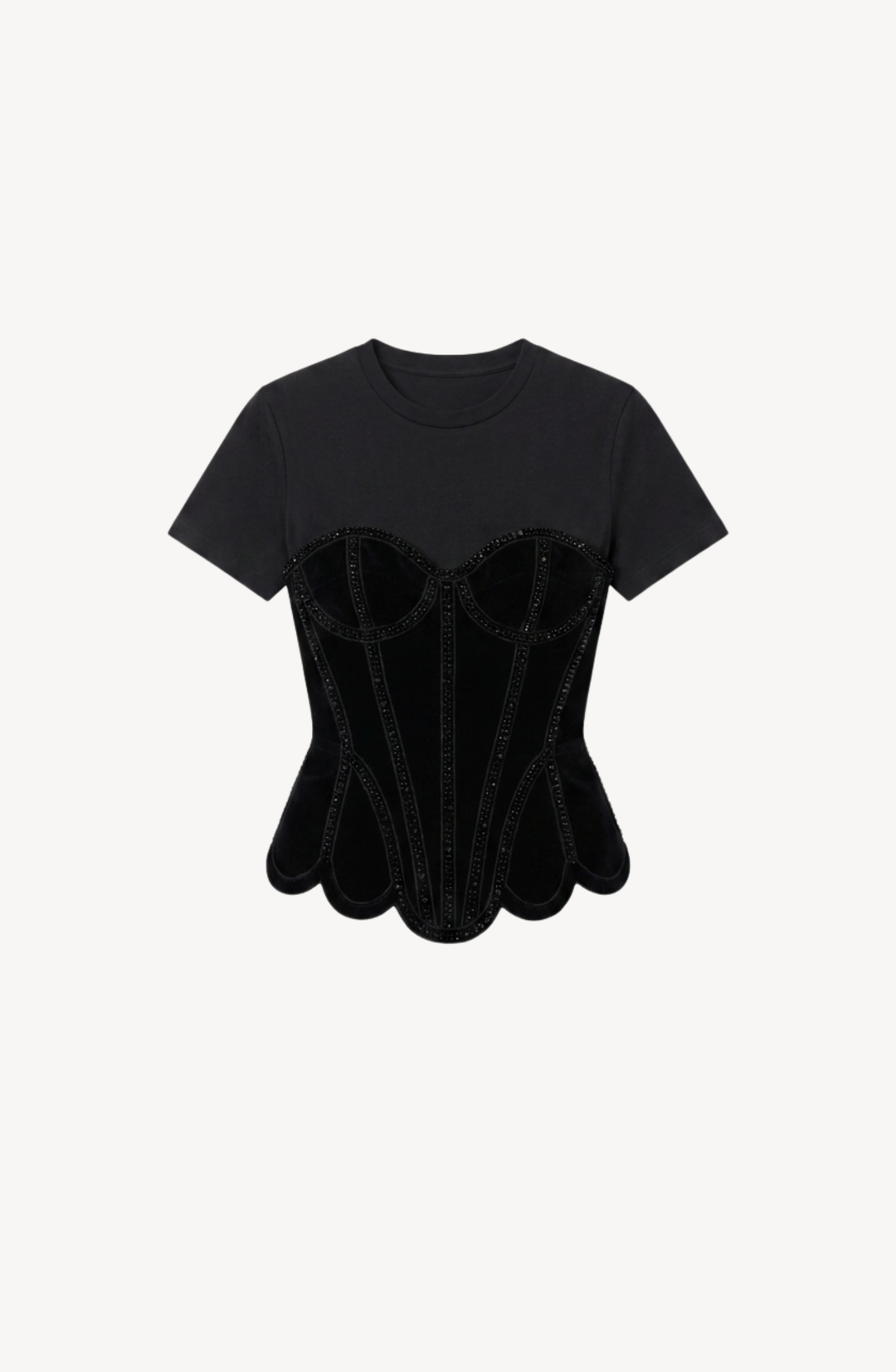 Black short-sleeved T-shirt with a velvet corset-style front panel