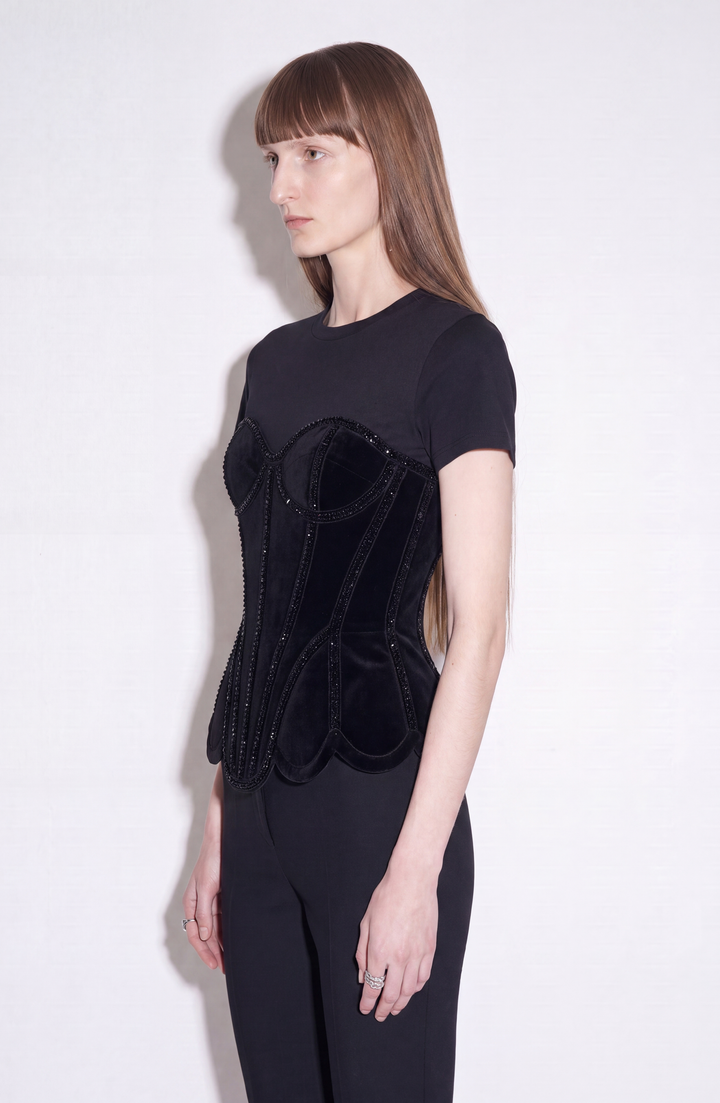 Black short-sleeved T-shirt with a velvet corset-style front panel