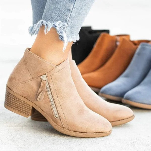 Women's blue and orange side-zip ankle boots with block heels