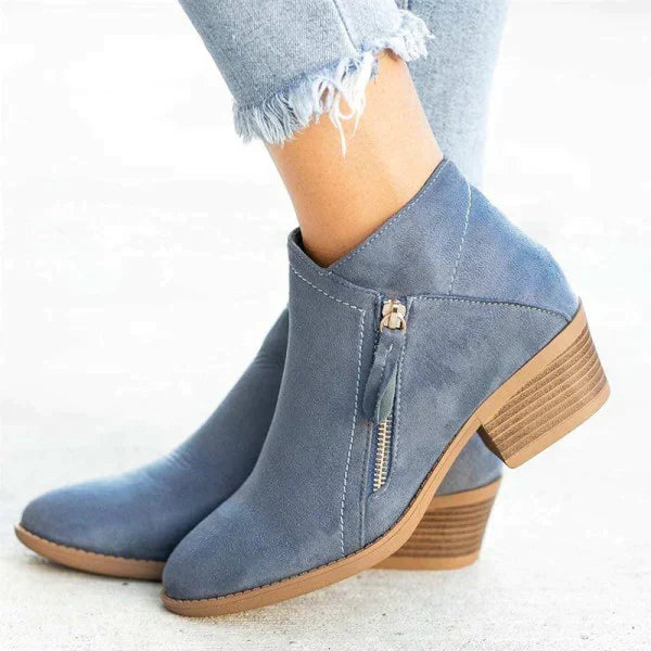 Women's blue and orange side-zip ankle boots with block heels
