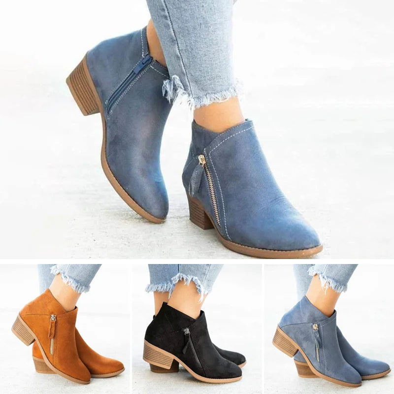 Women's blue and orange side-zip ankle boots with block heels