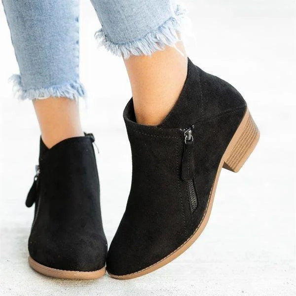 Women's blue and orange side-zip ankle boots with block heels