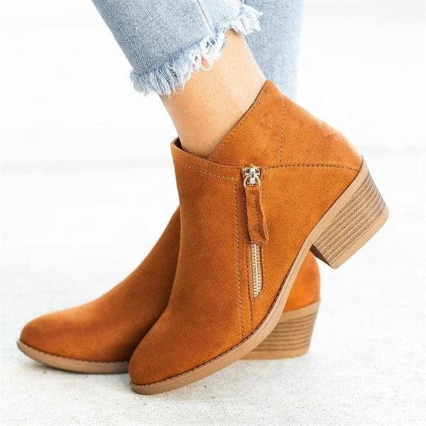 Women's blue and orange side-zip ankle boots with block heels